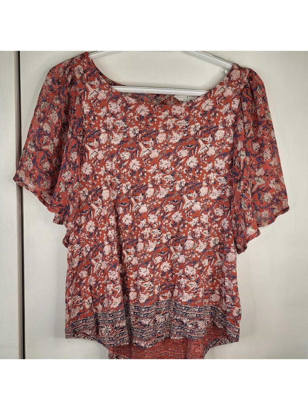 Lucky Brand orange and blue floral boho top with flutter sleeves women's Medium